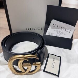 Gucci GG Marmont Wide Black Belt with Antique Brass GG Buckle 90